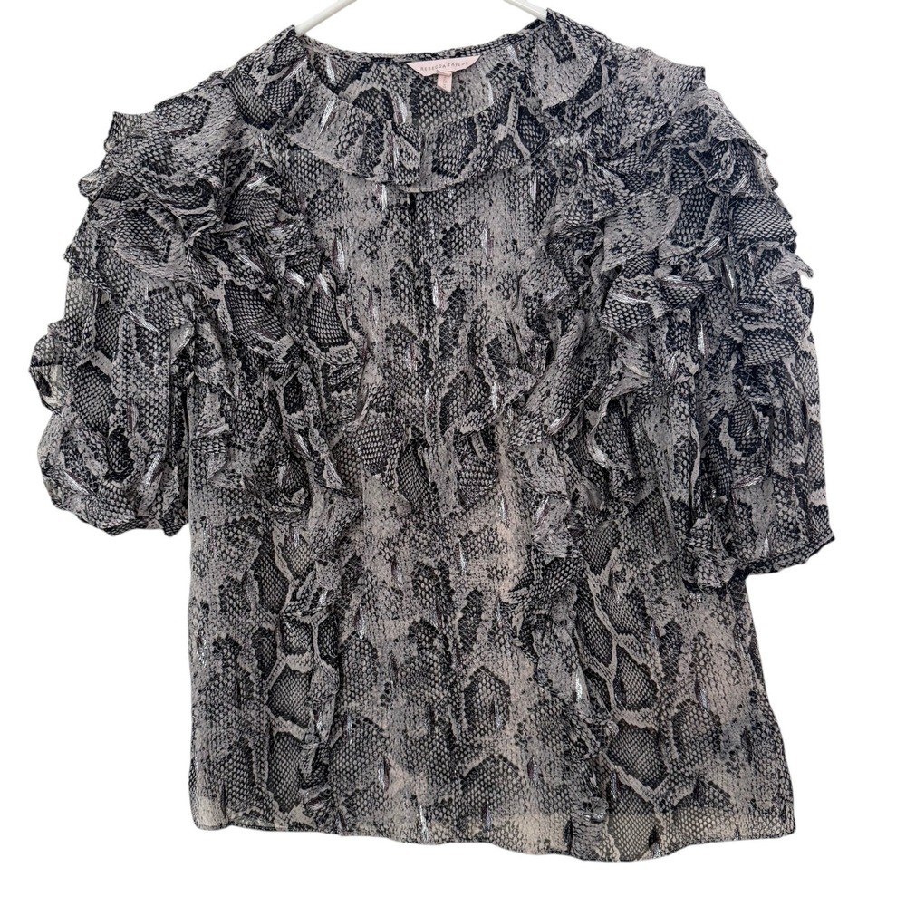 Rebecca Taylor Snake Print Top 6 Sheer Metallic Ruffle Silk Boho Glam Chic Edgy